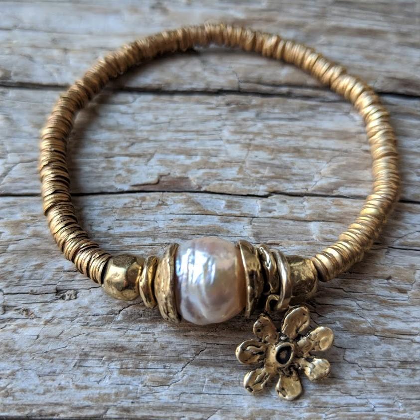 Handmad artisan large pink pearl and gold flower stacking elastic bracelet by Aurora Creative Jewellery