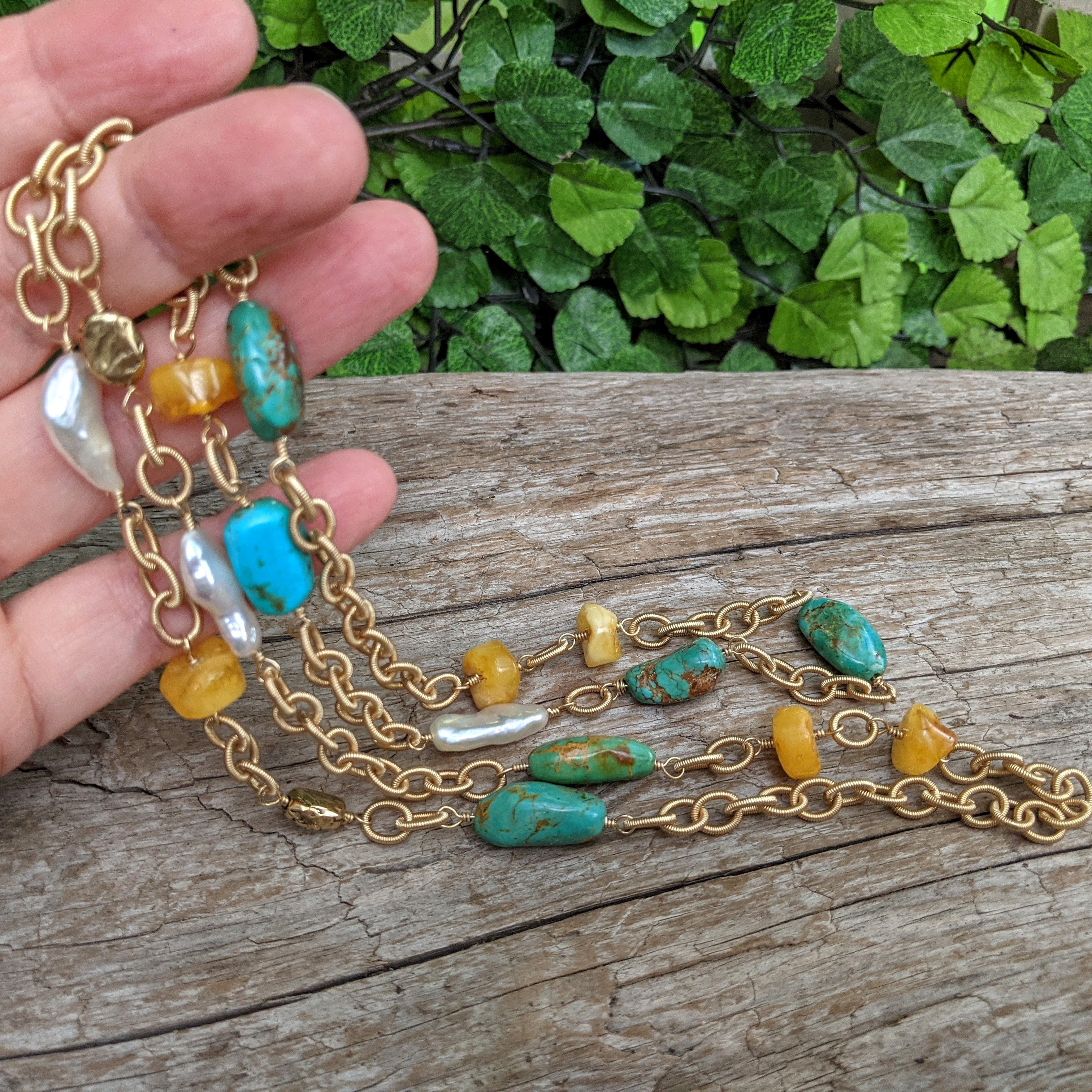 Turquoise, pearl, amber long chain necklace. Artistic necklace. Organic necklace handcrafted by Aurora Creative Jewellery.