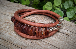 Genuine amber leather wrap bracelet. Real amber bracelet. Boho bracelet, bohemian jewelry. Rustic amber wrap bracelet. Handcrafted by Aurora Creative Jewellery.