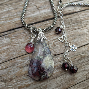 Purple moss agate & tourmaline pendant necklace, artisan necklace. Handcrafted by Aurora Creative Jewellery.