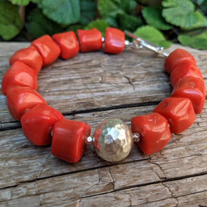 Orange coral and silver bracelet. Statement organic bracelet. Handcrafted by Aurora Creative Jewellery.