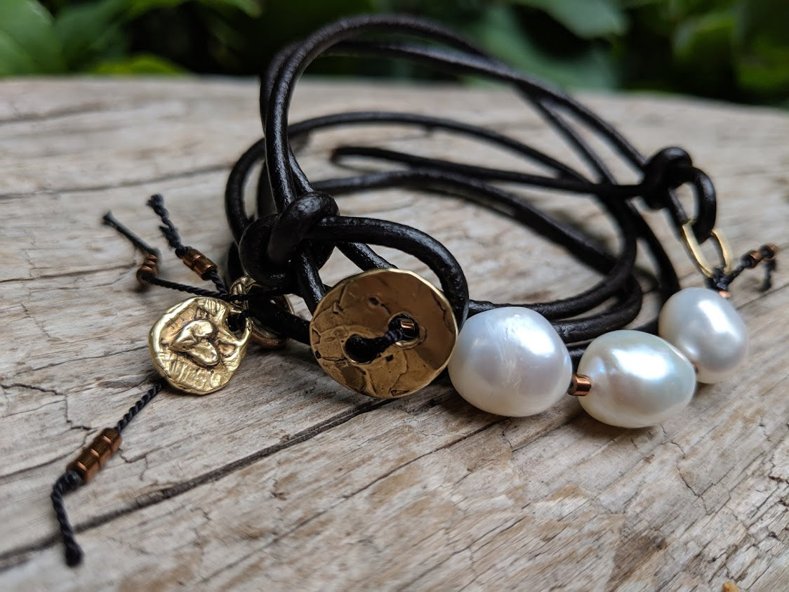 Pearl and black leather wrap bracelet with a button - by Aurora Creative Jewellery