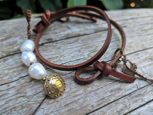 Pearl Leather wrap bracelet with heart charm and button by Aurora Creative Jewellery