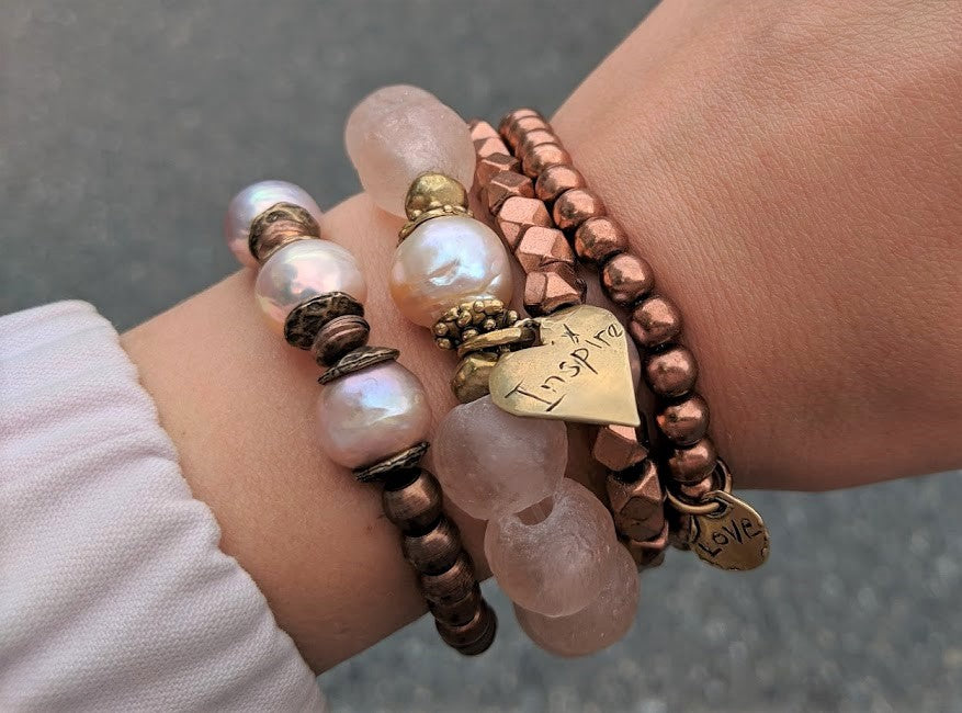 Handmade Three Pink Pearls & Copper Elastic Bracelet by Aurora Creative Jewellery