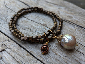 Antique Copper Elastic Double Bracelet with Pearl & Rose Charm