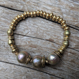 Three Champagne Pink Pearl & African Brass Elastic Bracelet – Aurora  Creative Jewellery