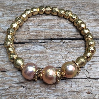 Three Pink Pearls & African Brass Elastic Bracelet