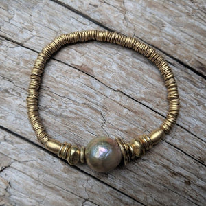 Champagne Pink Pearl & African Brass Elastic Bracelet by Aurora Creative Jewellery