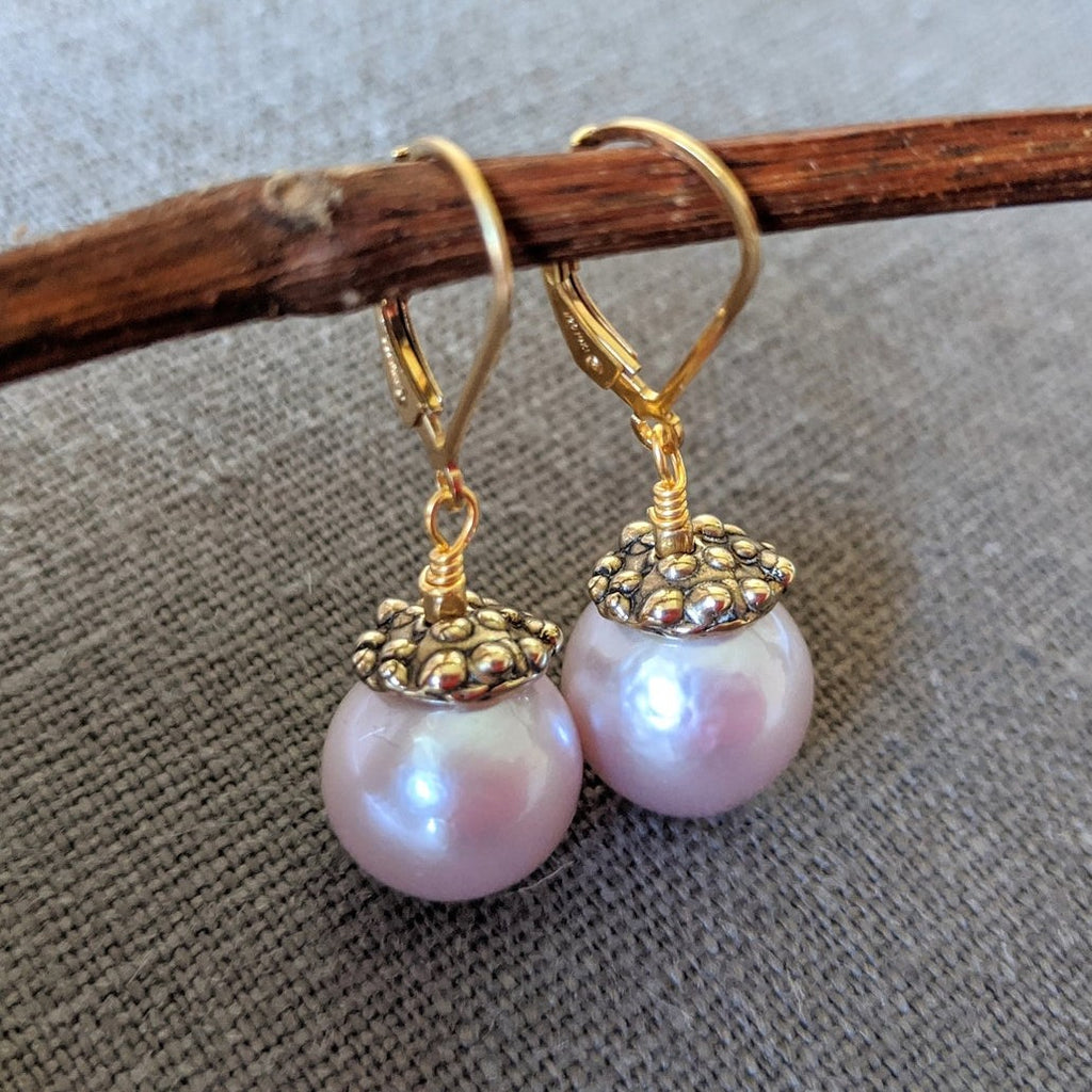Handmade artisan pink pearl and gold drop earrings by Aurora Creative Jewellery