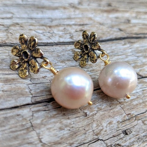 Handmade artisan gold flower and blush pink Edison pearl drop earrings by Aurora Creative Jewellery