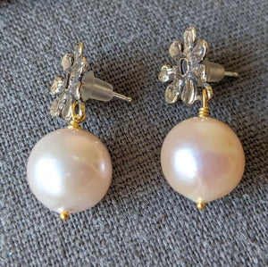 Handmade artisan gold flower and blush pink Edison pearl drop earrings by Aurora Creative Jewellery