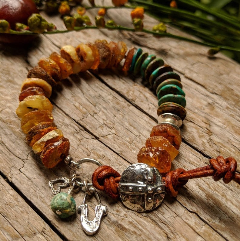 Raw rough Baltic amber and turquoise bracelet by Aurora Creative Jewellery