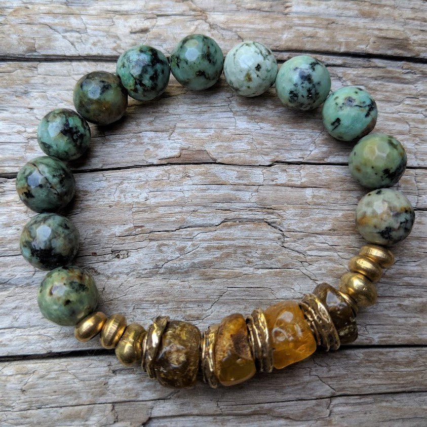 Baltic Amber & African Turquoise Forest Green Earthy Elastic Bracelet –  Aurora Creative Jewellery