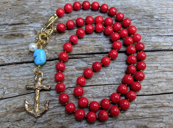 Red coral, turquoise, and freshwater pearl necklace with anchor pendant