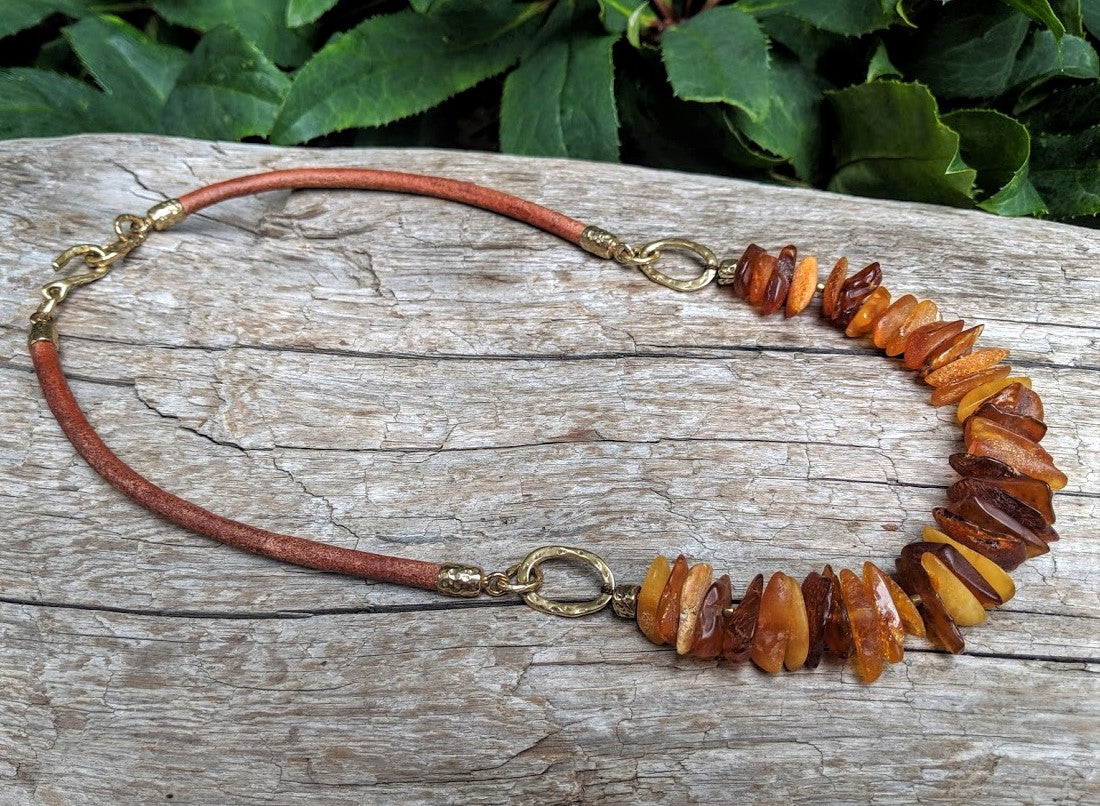 Raw Baltic Amber Chip & Leather Necklace
