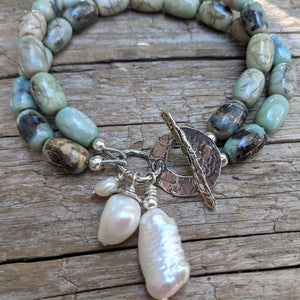 Blue Agate & White Baroque Pearl Pendant Necklace (Custom)