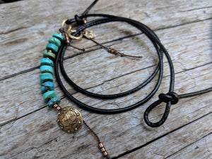 Turquoise black leather wrap bracelet with button by Aurora Creative Jewellery