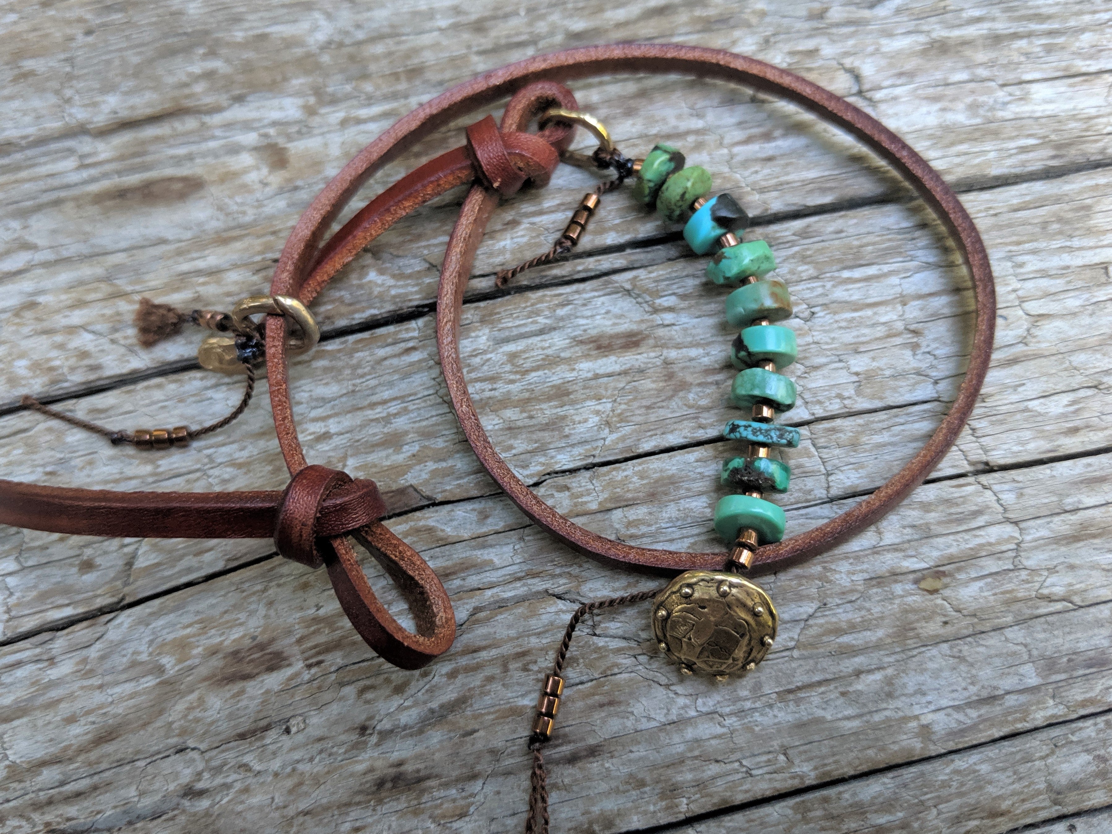 Turquoise leather button wrap bracelet with heart charm