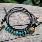 Boho Natural Turquoise Black Leather Wrap Bracelet