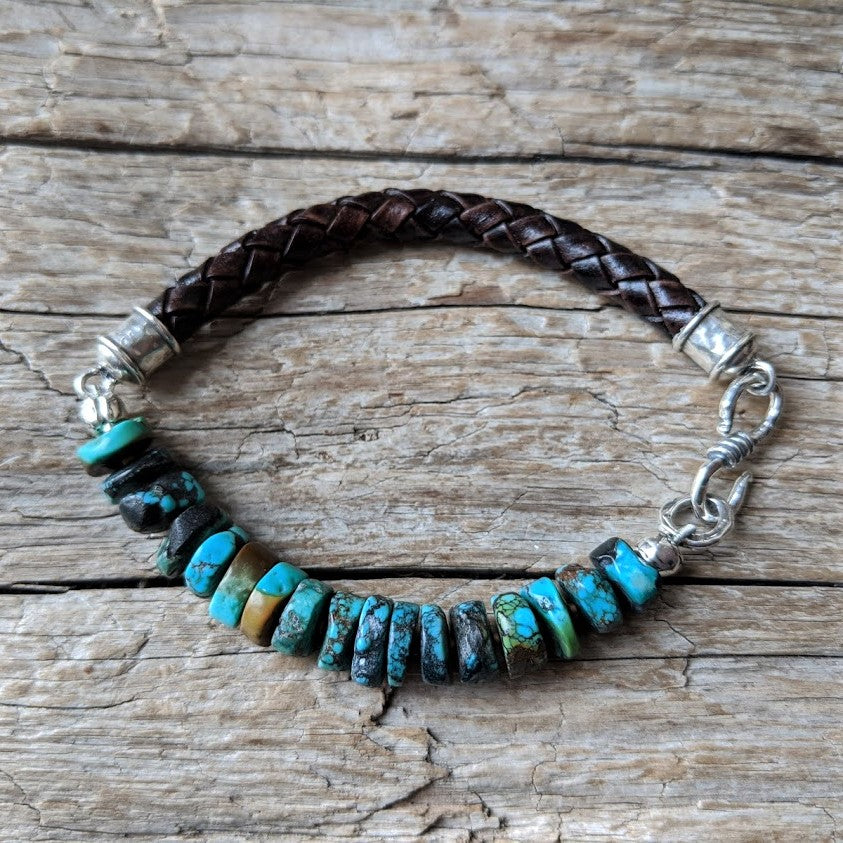 Handmade artisan natural turquoise and leather bracelet for men or women by Aurora Creative Jewellery