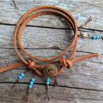 Turquoise leather wrap bracelet with heart charm and button by Aurora Creative Jewellery