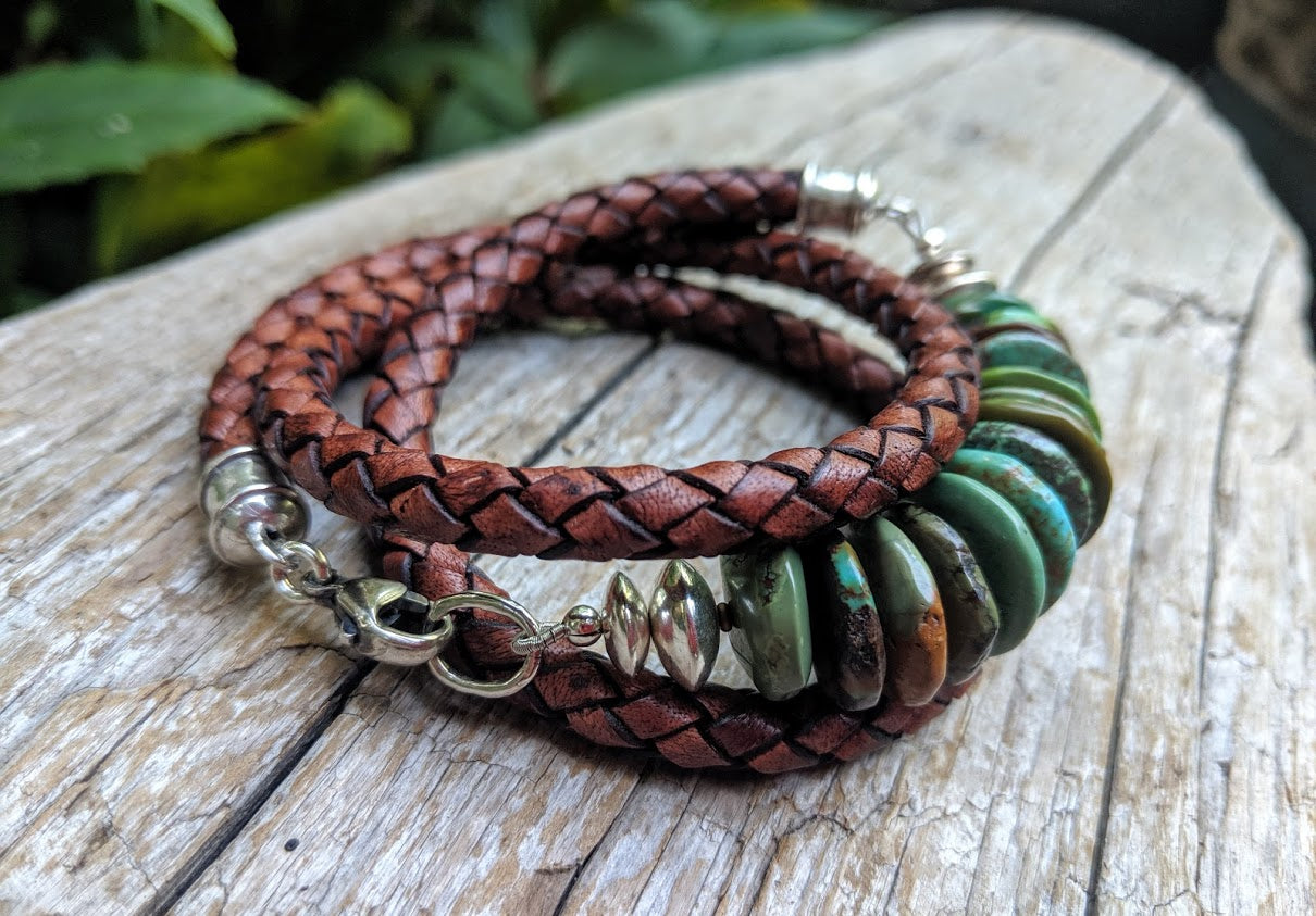 Wide Turquoise Leather Wrap Bracelet