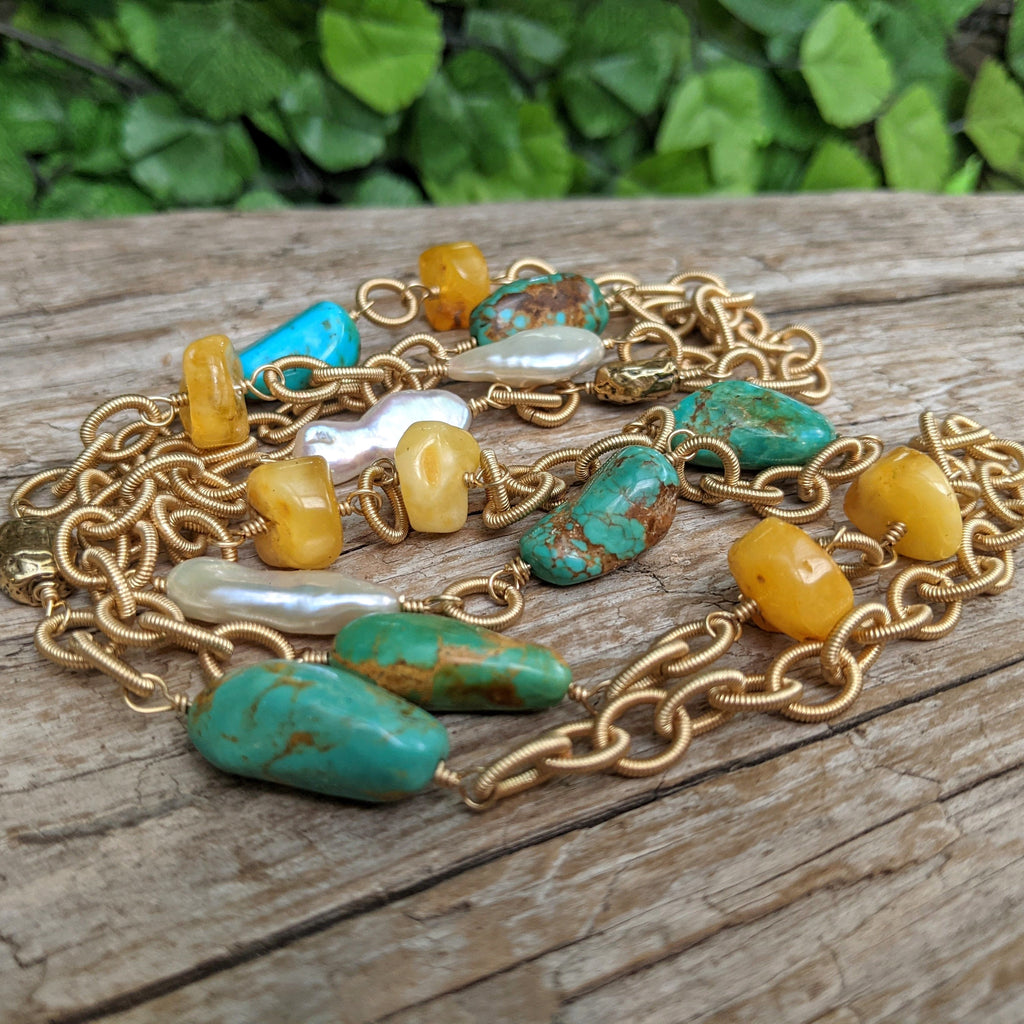 Turquoise, amber & pearls long necklace. Boho necklace. Bohemian jewelry. Gold platted chain gemstone necklace. Handcrafted by Aurora Creative Jewellery.
