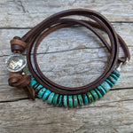 Turquoise gemstone and brown leather wrap bracelet for men. The bracelet has a rough chunky and asymmetrical look making it a perfect bracelet for men or a unisex accessory for the lovers of a chunky natural look. Designed and handcrafted by Aurora Creative Jewellery.