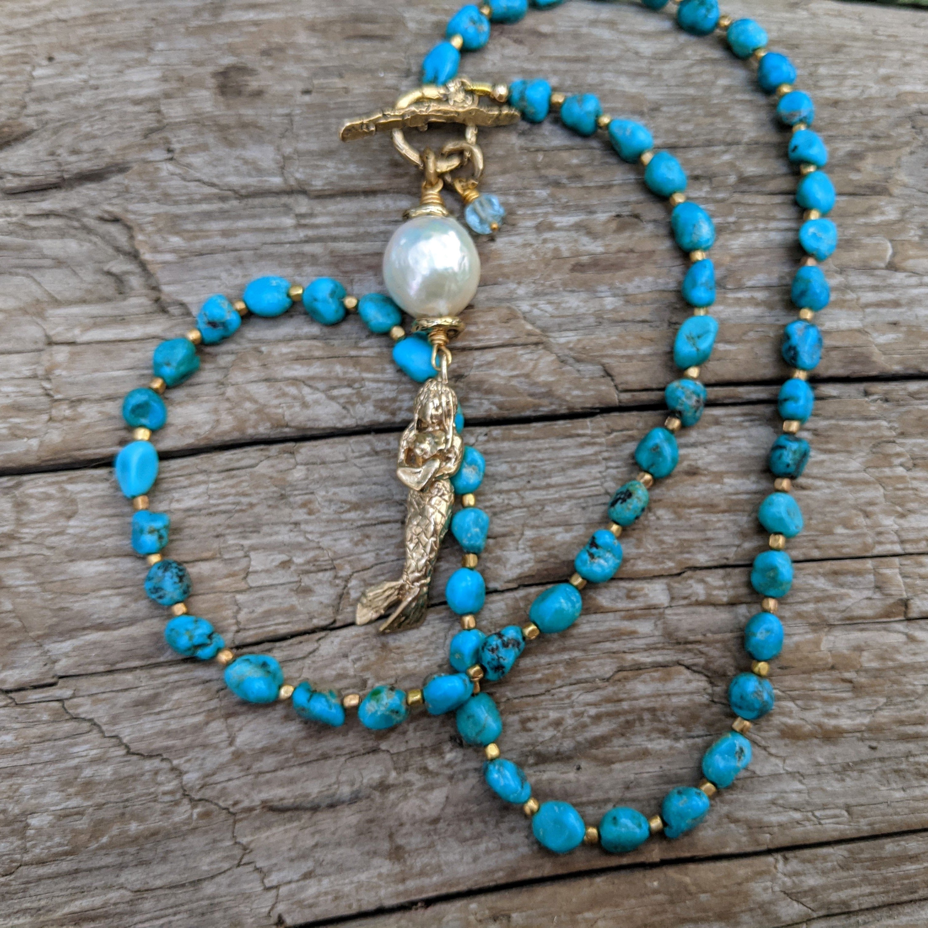 Turquoise necklace, gemstone mermaid necklace, artisan necklace, artistic necklace, boho turquoise necklace. Handcrafted by Aurora Creative Jewellery.