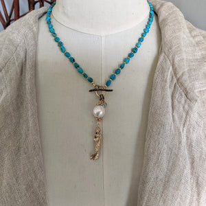 Genuine turquoise , Edison pearl, aquamarine necklace, boho necklace, bohemian necklace, artistic necklace, unique jewelry, rustic necklace, chunky necklace. Created by Aurora Creative Jewellery.